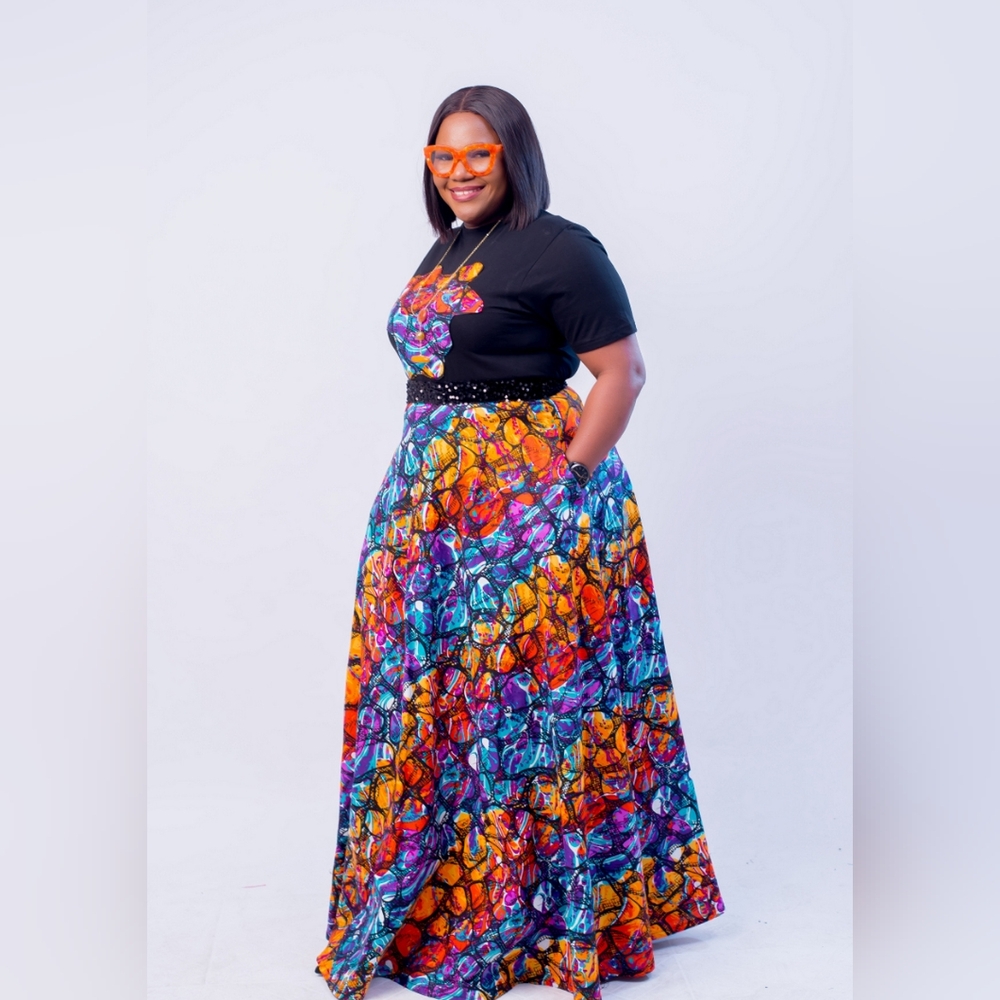 Empress Set|Black Sequin Tee + African Print Maxi Skirt|Multiple Pattern &Sizes - Picture 7 of 11